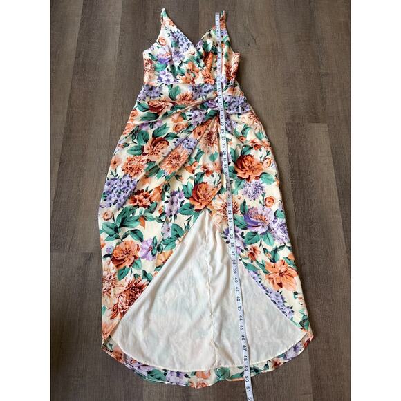 Express Floral Faux Wrap Midi Dress Women‎ M Spaghetti Strap Tulip Hem Cocktail - Picture 14 of 14